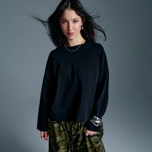 Gładka koszulka loose fit z długim rękawem basic czarna House