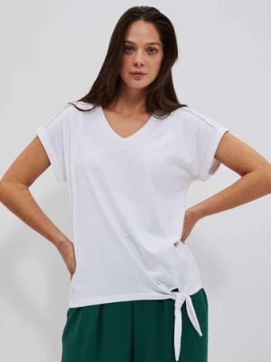 Gładki biały t-shirt damski z wiązaniem Moodo