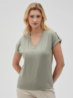 Gładki t-shirt z dekoltem w serek oliwkowy Moodo