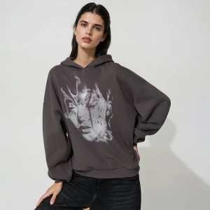 Grafitowa bluza z kapturem i dużym nadrukiem loose fit House
