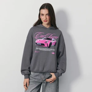 Grafitowa bluza z kapturem i nadrukiem różowego samochodu House