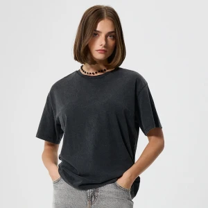 Grafitowa koszulka z okrągłym dekoltem z efektem acid wash House