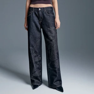 Grafitowe jeansy wide leg z nadrukiem tygrysów House