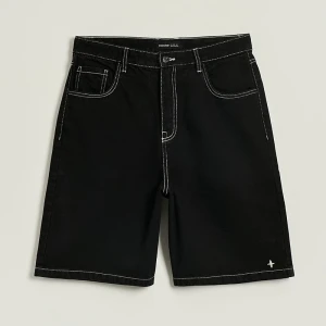 Grafitowe szorty jeansowe z szerokimi nogawkami przeszyciami House