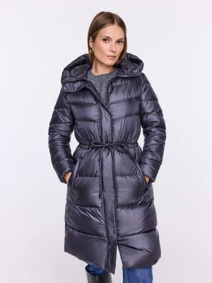 Grafitowy ciepły płaszcz z kapturem TARANKO