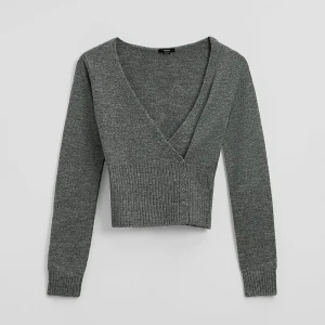 Grafitowy sweter slim z kopertowym dekoltem i guzikami House ciemnoszary