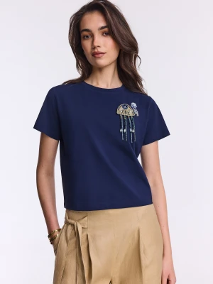 Granatowa bawełniana bluzka z aplikacją z koralików TARANKO