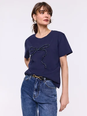 Granatowa bawełniana bluzka z krótkim rękawem i kokardką TARANKO