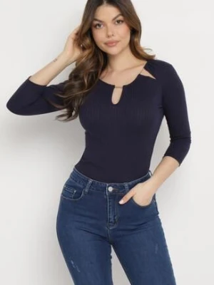 Granatowa Bawełniana Bluzka z Prążkowanej Dzianiny z Rękawami 3/4 i Wycięciem przy Dekolcie Xireal las garras