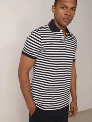 Granatowa Bawełniana Koszulka Polo w Paski w Stylu Casual Elunilla