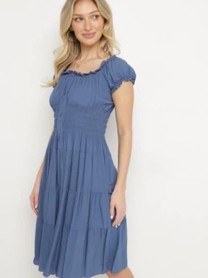 Granatowa Bawełniana Rozkloszowana Sukienka z Guzikami i Bufiastymi Rękawami Annivi defox