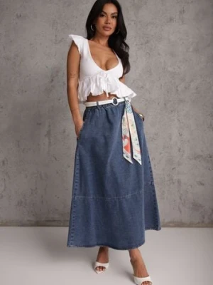 Granatowa Bawełniana Spódnica Jeansowa o Rozkloszowanym Kroju z Ozdobnym Paskiem Eatiane elsa.m by may