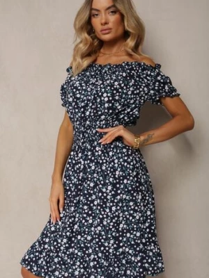 Granatowa Bawełniana Sukienka Midi Hiszpanka z Gumką w Pasie Dnise defox