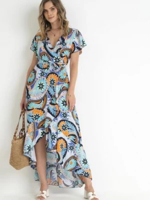 Niebiesko-Granatowa Bawełniana Sukienka Maxi z Kopertowym Dekoltem i Materiałowym Paskiem Nadalynn