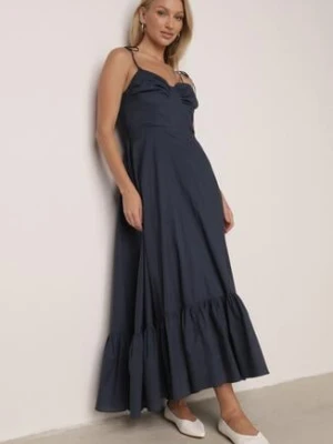 Granatowa Bawełniana Sukienka o Rozkloszowanym Kroju na Wiązanych Ramiączkach Milalisa