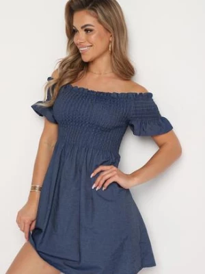 Granatowa Bawełniana Sukienka Typu Hiszpanka z Marszczoną Górą Rialifea defox