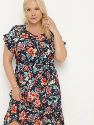 Granatowa Bawełniana Sukienka w Kwiaty o Pudełkowym Fasonie ze Sznurkiem w Talii Risallise generation
