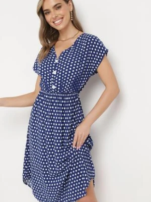 Granatowa Bawełniana Sukienka z Gumką w Pasie i Falbanką Romilla defox