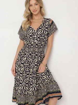 Granatowa Bawełniana Sukienka z Guzikami i Ornamentnym Wzorem Zisselle defox