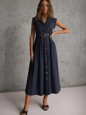 Granatowa Bawełniano-Wiskozowa Sukienka Koszulowa Bez Rękawów z Paskiem Athithoe