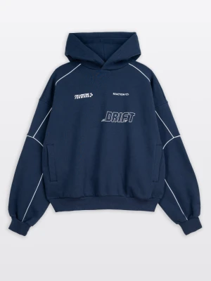 Granatowa bluza BOXY z kapturem z kontrastowymi wypustkami podkreślającymi cięcia Reporter