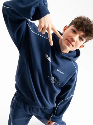 Granatowa bluza BOXY z kapturem z kontrastowymi wypustkami podkreślającymi cięcia Reporter