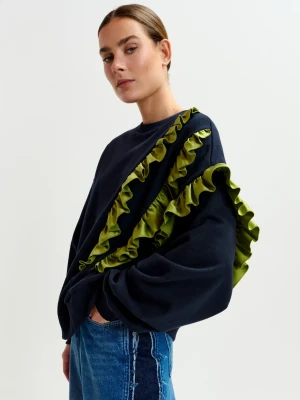 GRANATOWA BLUZA Z FALBANĄ ESSENTIEL ANTWERP