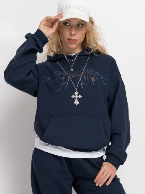 Granatowa bluza z kapturem z kontrastową grafiką z przodu Reporter