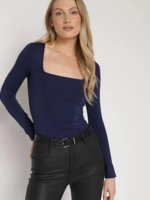 Granatowa Bluzka z Wiskozą z Długim Rękawem i Kwadratowym Dekoltem Alexusi