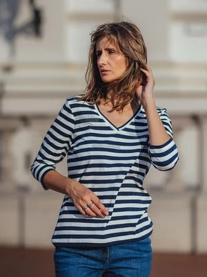 Granatowa bluzka damska Hannah w paski z dekoltem V – Neo Comfort Olsen