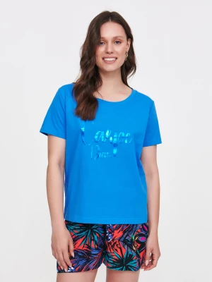 Granatowa bluzka z połyskującym napisem