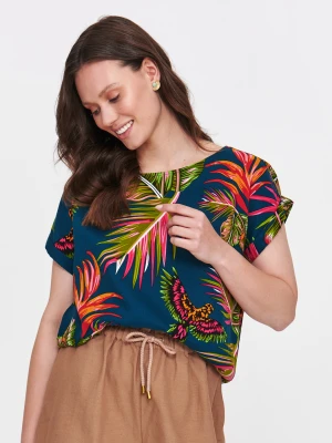 Granatowa bluzka z tropikalnym motywem Top Secret