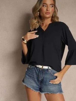 Granatowa Bluzka z Wiskozy Ozdobiona Falbankami Ralivia sublevel