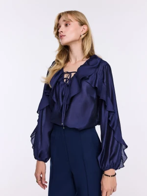 Granatowa bluzka z żabotem i bufiastymi rękawami TARANKO