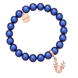 Granatowa bransoletka z pereł SWAROVSKI® CRYSTAL z reniferkiem z różowego złota SOTHO