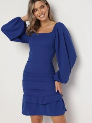 Granatowa Dopasowana Sukienka Mini z Marszczeniem i Falbanką Derozza