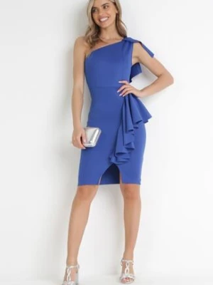 Granatowa Dopasowana Sukienka na Jedno Ramię z Falbanami Lelila messaya