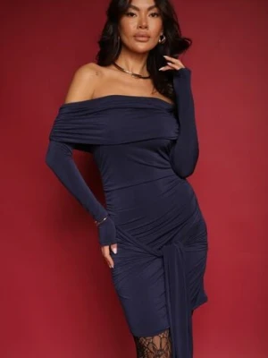 Granatowa Dopasowana Sukienka z Ozdobnym Wiązaniem i Marszczeniem Feliella allyson