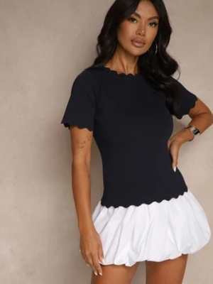 Granatowa Dzianinowa Bluzka z Nieregularnymi Krawędziami Datria rosa