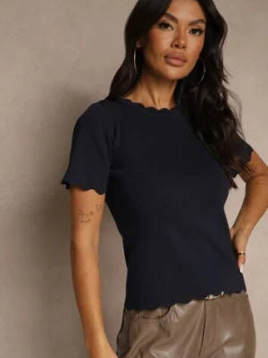 Granatowa Dzianinowa Bluzka z Nieregularnymi Krawędziami Datria rosa