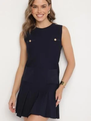 Granatowa Dzianinowa Sukienka z Wiskozą Zdobiona Plisami i Imitacją Kieszeni Ravima elsa.m by may