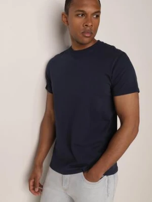 Granatowa Gładka Koszulka T-shirt z Bawełny o Prostym Kroju Sarusa