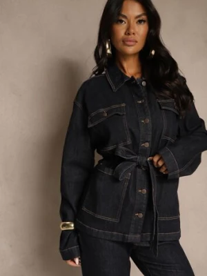Granatowa Jeansowa Kurtka o Koszulowym Kroju z Wiązanym Paskiem Zennava milas91