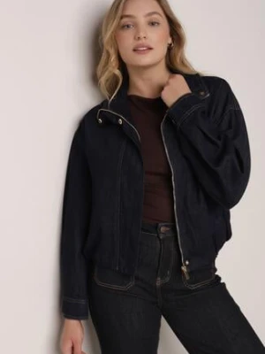 Granatowa Jeansowa Kurtka Przejściowa z Bawełny o Kroju Bombki z Kołnierzykiem Jotima