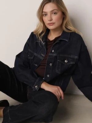 Granatowa Jeansowa Kurtka z Bawełną o Kroju Oversize Vimiloria