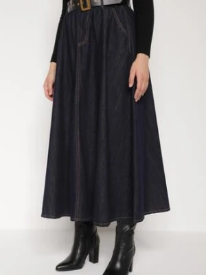 Granatowa Jeansowa Spódnica Midi z Paskiem Suera