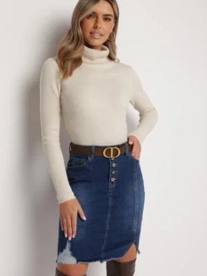 Granatowa Jeansowa Spódnica Mini na Guziki Blunira