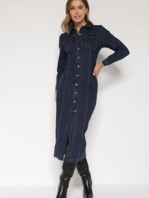 Granatowa Jeansowa Sukienka Koszulowa o Taliowanym Kroju Neveala