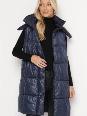 Granatowa Kamizelka o Długim Pikowanym Fasonie z Odpinanym Kapturem Glonte