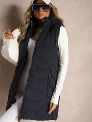 Granatowa Kamizelka Pikowana Zapinana na Suwak Ozdobiona Kapturem i Sznurkami Finaria swest